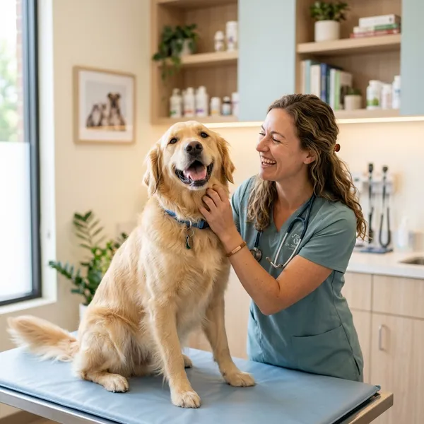 Mascota feliz con veterinario